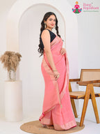 Blush Pink Pure Silk saree with Jacquard Texture side drape view