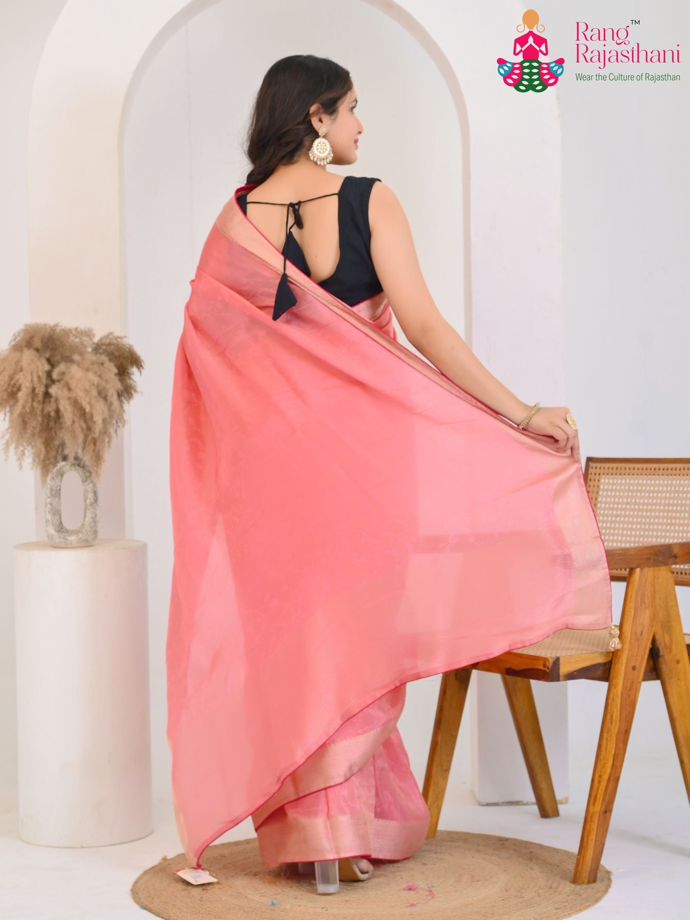 blush pink pure silk saree with jacquard texture for office back view
