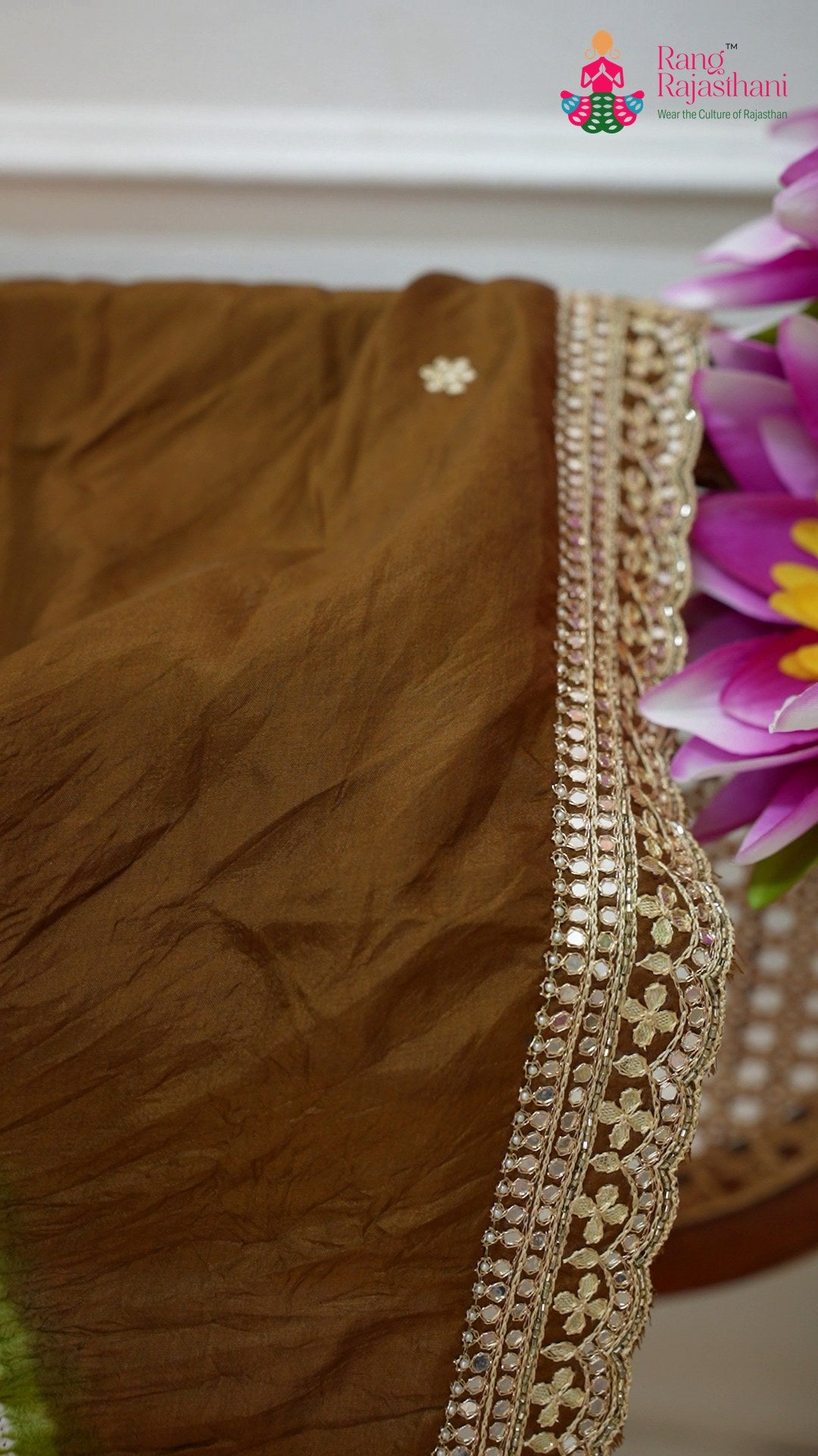 border detail of brown pure ho silk hand embellishment saree