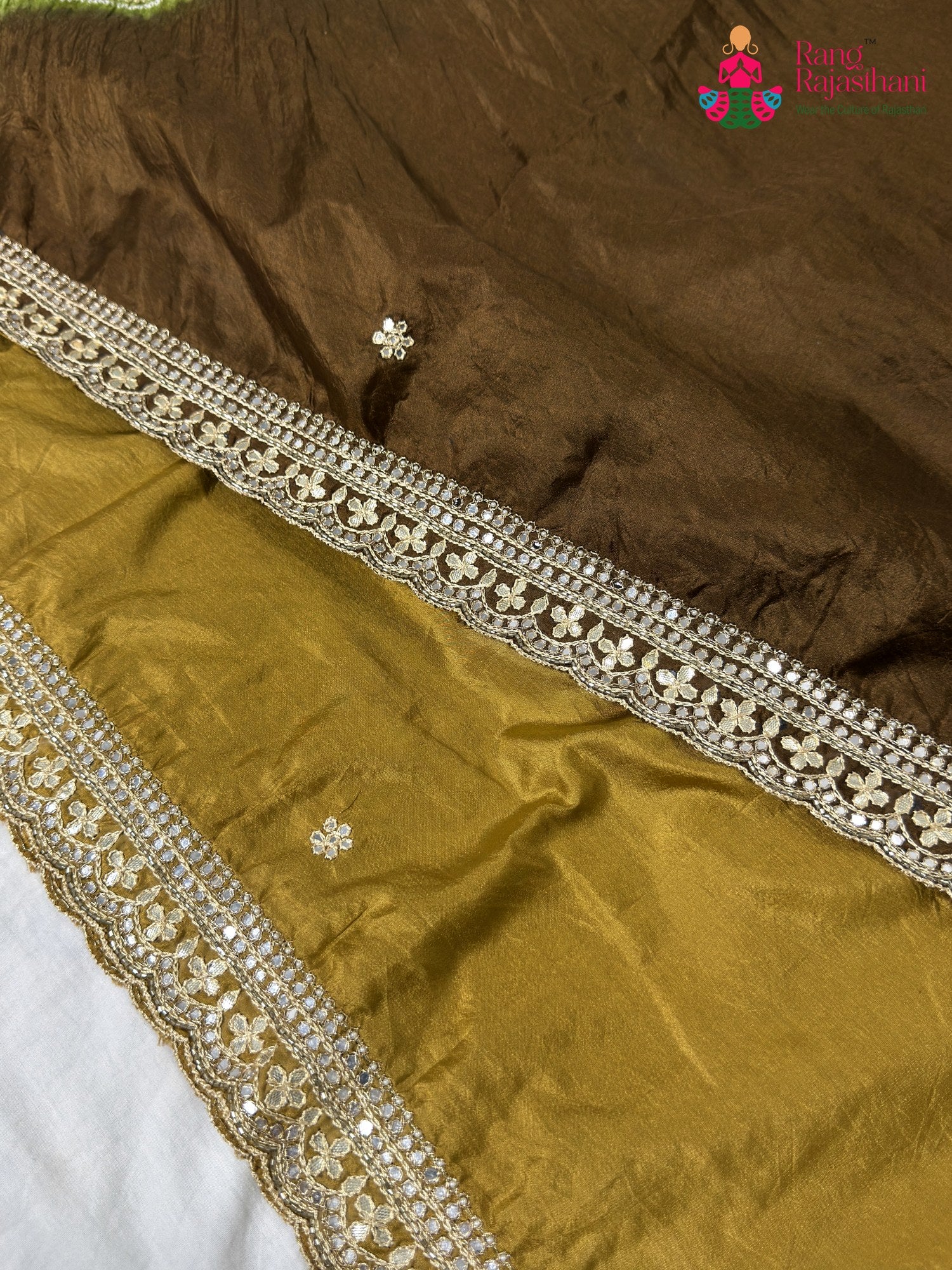 intricate detail of brown pure ho silk hand embellishment saree