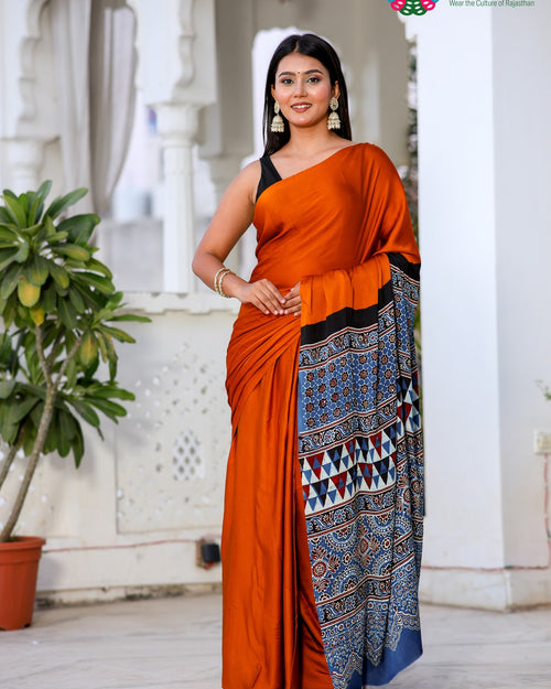 Brown Pure Modal Silk Ajrakh Print Saree for Wedding Reception | Designer Pick