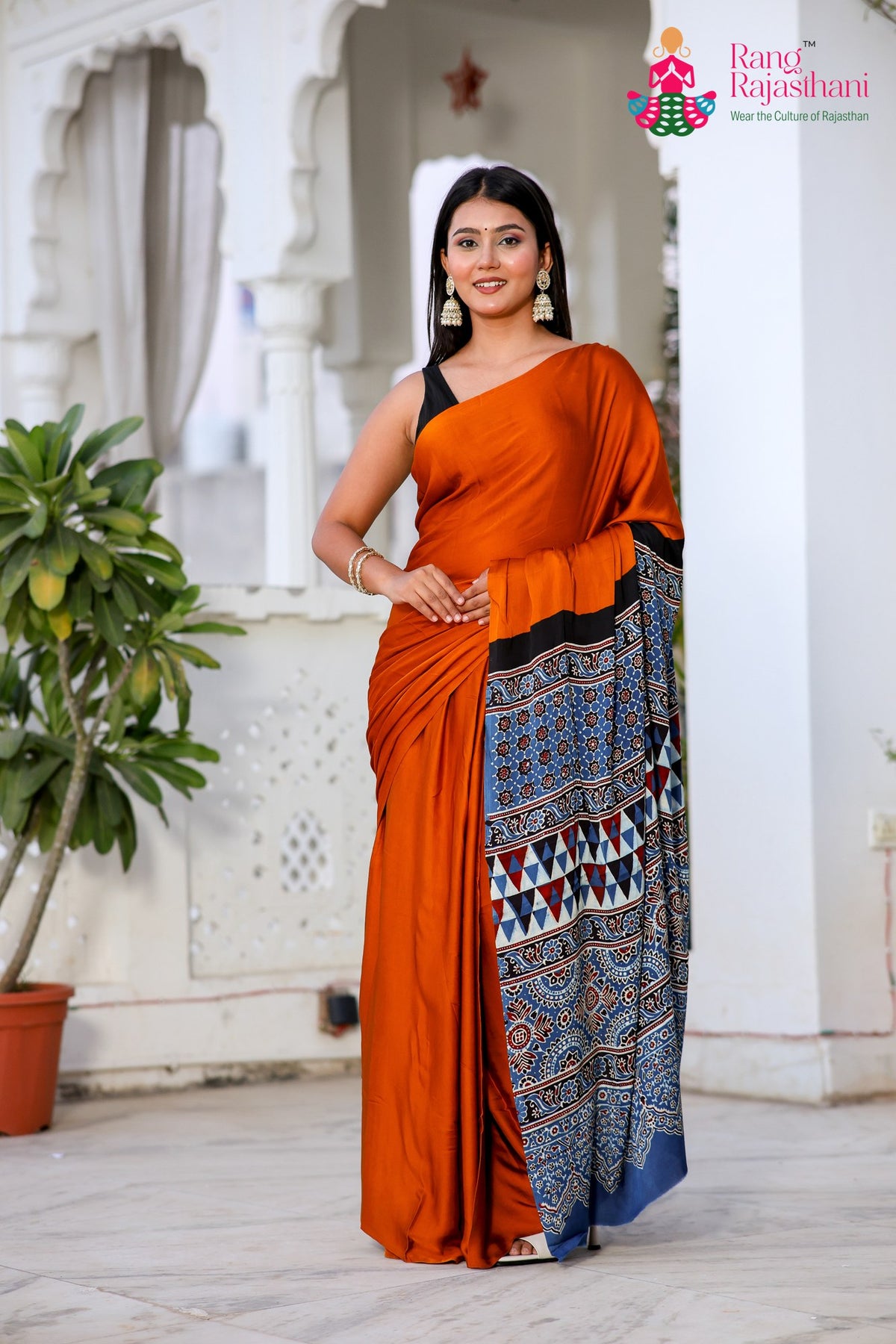 Brown Pure Modal Silk Ajrakh Print Saree for Wedding Reception | Designer Pick