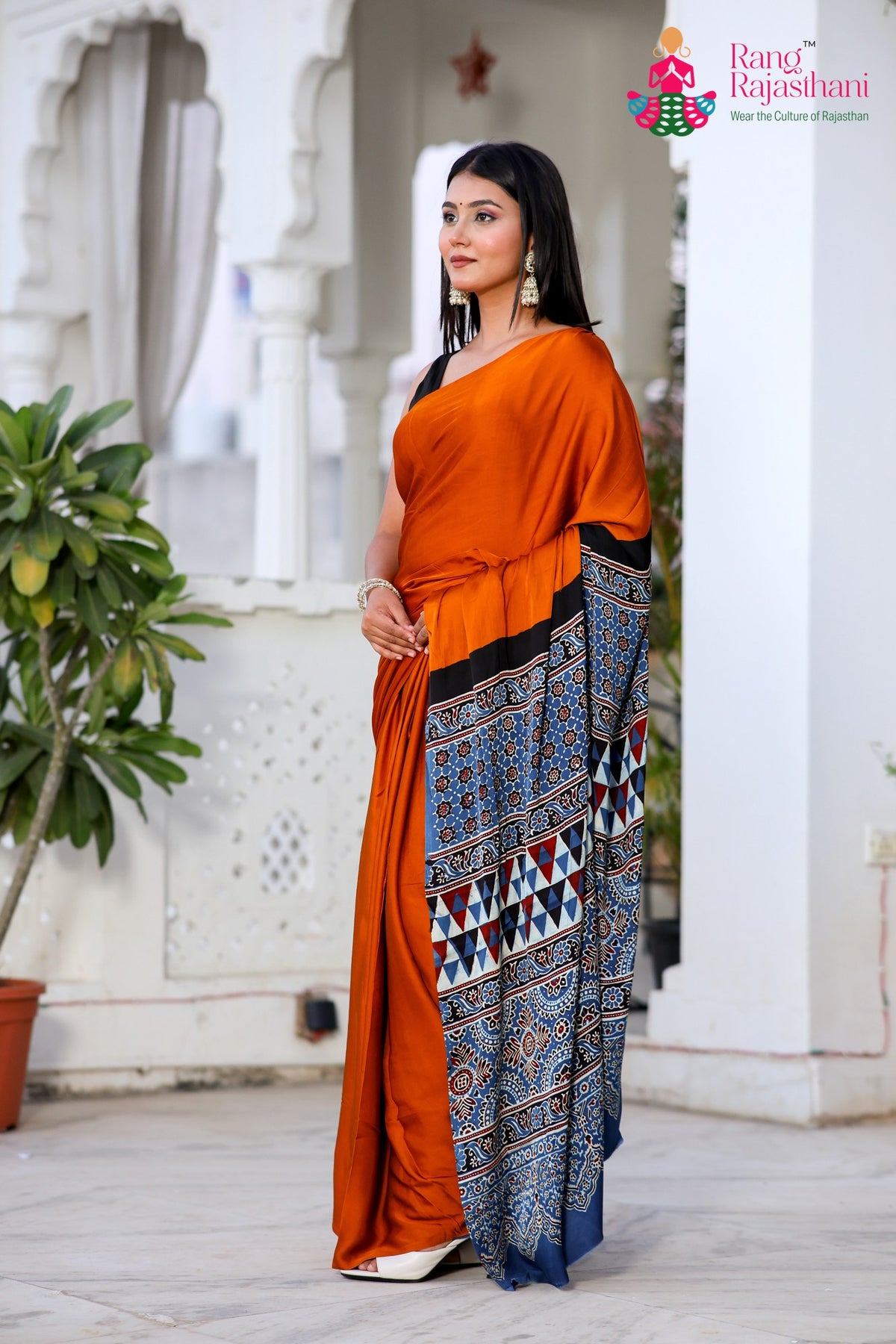 Brown Pure Modal Silk Ajrakh Print Saree for Wedding Reception | Designer Pick