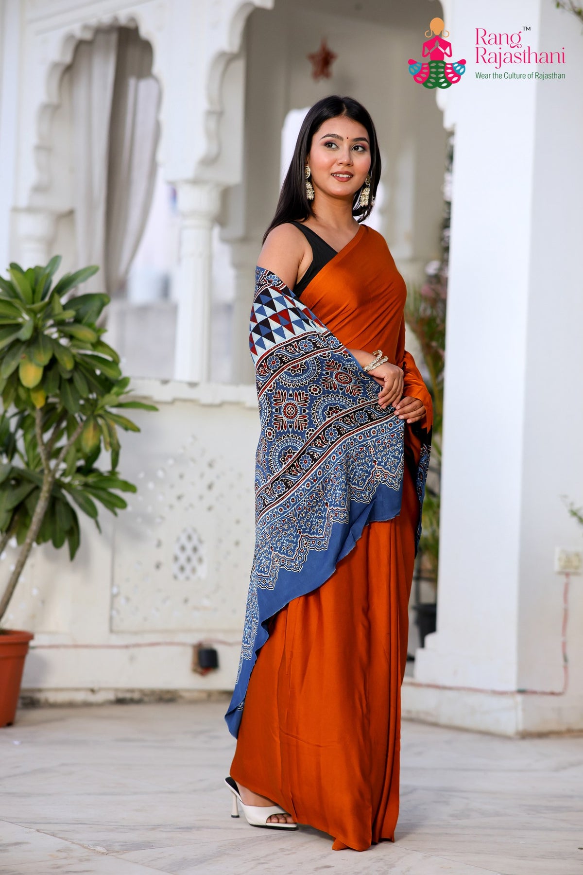 Brown Pure Modal Silk Ajrakh Print Saree for Wedding Reception | Designer Pick