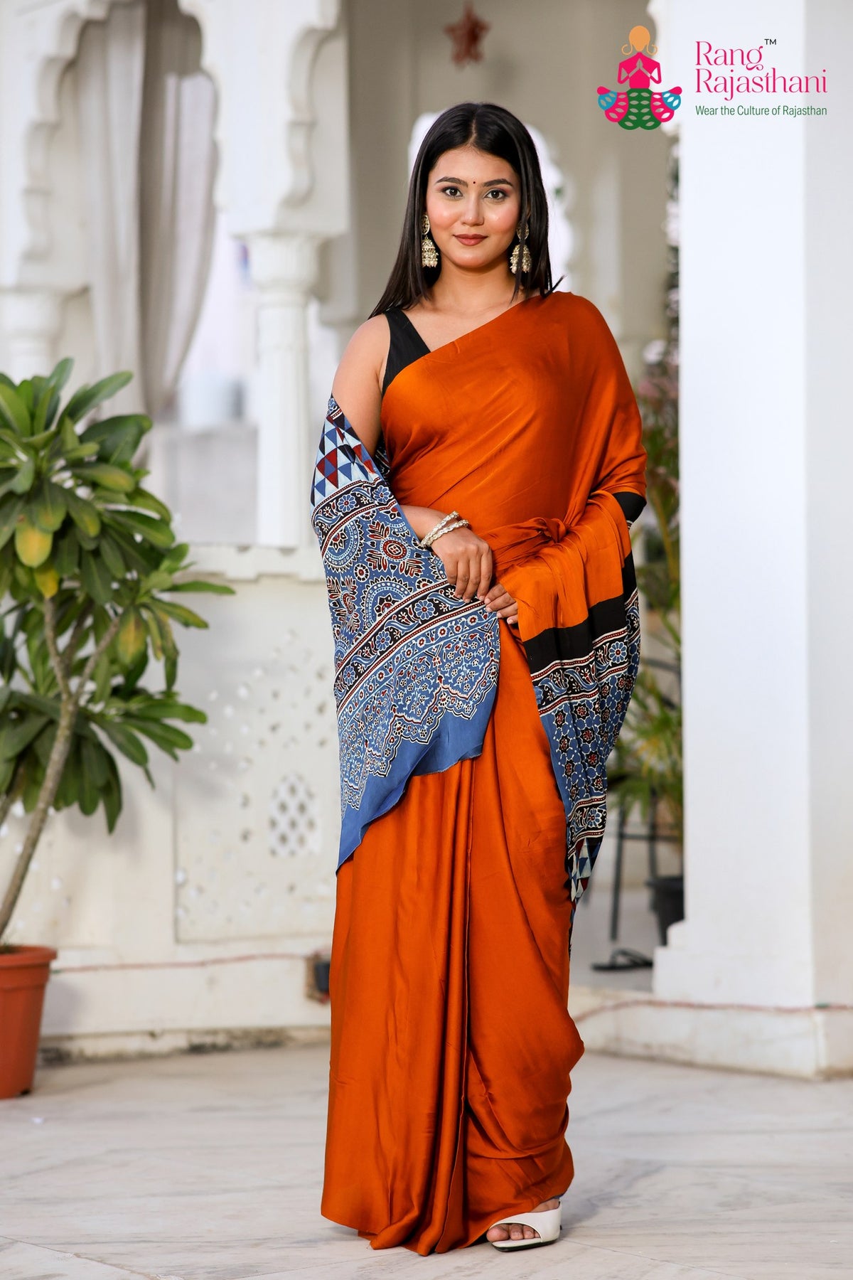 Brown Pure Modal Silk Ajrakh Print Saree for Wedding Reception | Designer Pick