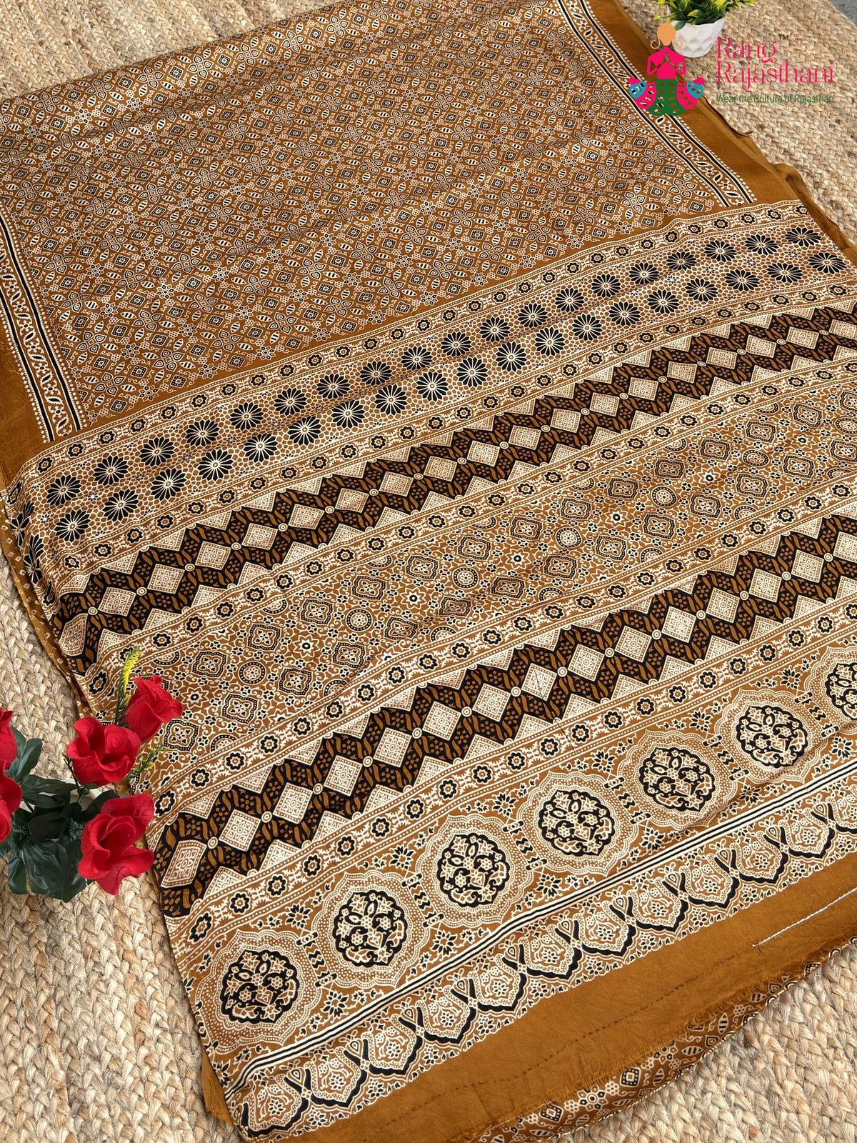 Brown Pure Modal Silk Ajrakh Print Saree for Festive Celebration | Festive Collection