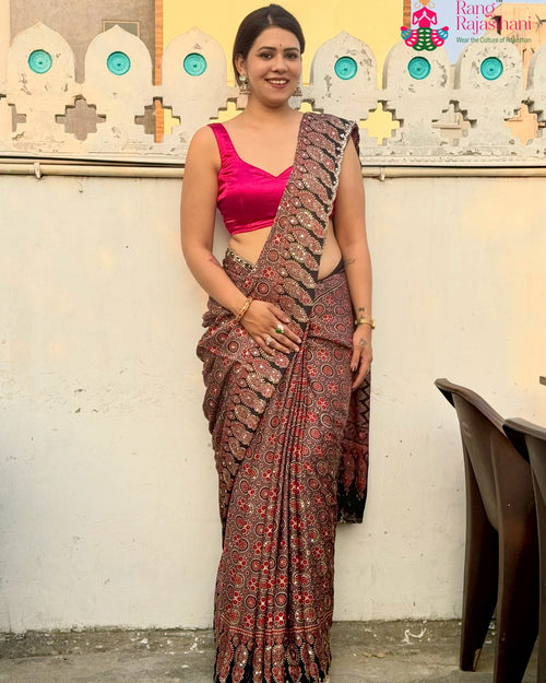 Brown Pure Modal Silk Sequin Ajrakh Print Saree for Wedding Reception | Buy Online