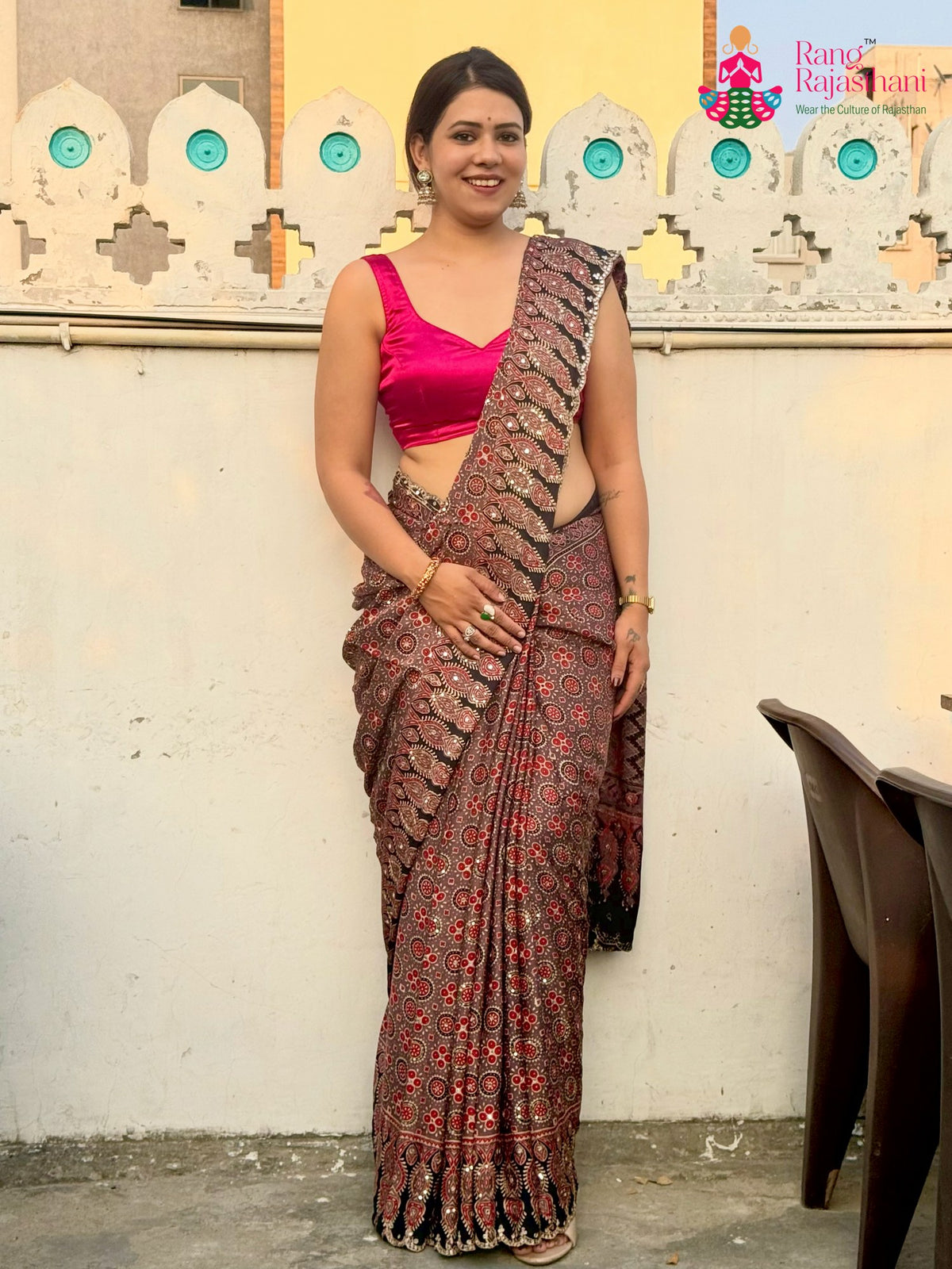 Brown Pure Modal Silk Sequin Ajrakh Print Saree for Wedding Reception | Buy Online