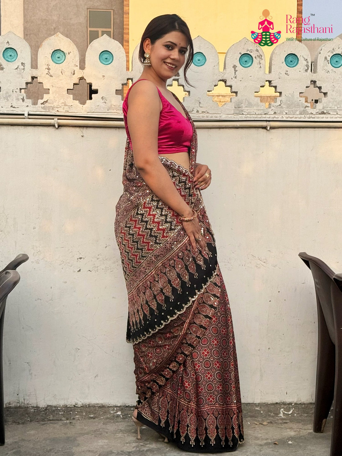 Brown Pure Modal Silk Sequin Ajrakh Print Saree for Wedding Reception | Buy Online