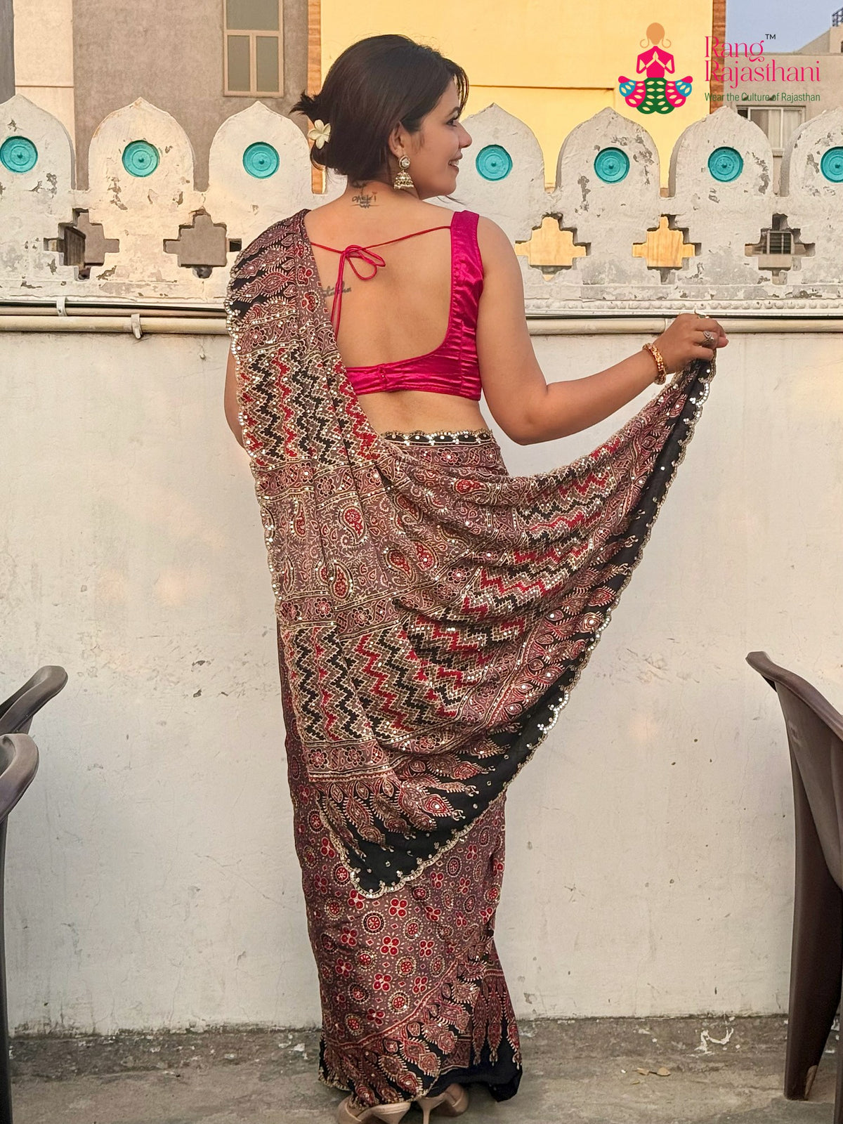 Brown Pure Modal Silk Sequin Ajrakh Print Saree for Wedding Reception | Buy Online
