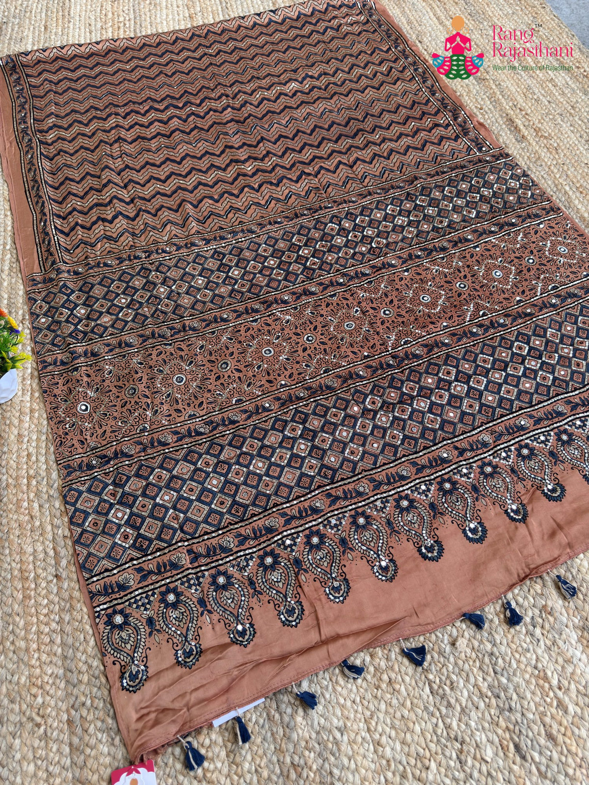 Brown Pure Modal Silk Sequin Leheriya Saree for Sangeet Night | Shop Now