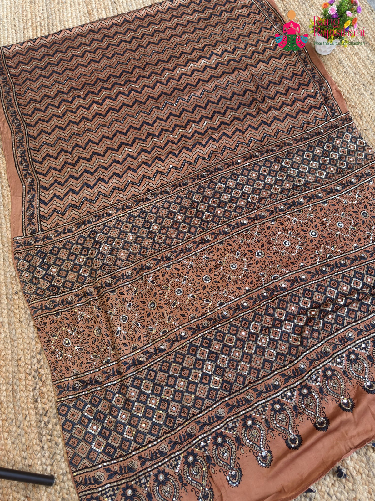 Brown Pure Modal Silk Sequin Leheriya Saree for Sangeet Night | Shop Now