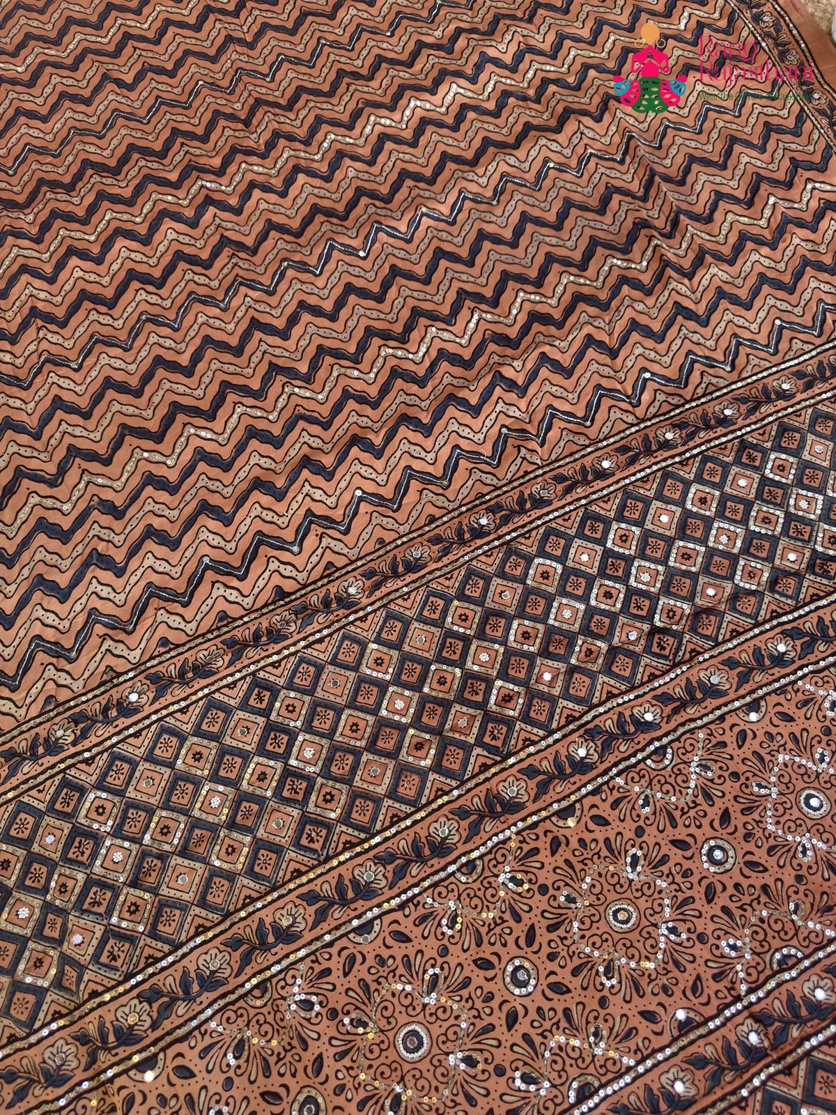 Brown Pure Modal Silk Sequin Leheriya Saree for Sangeet Night | Shop Now