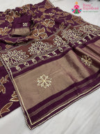 border detailing of burgundy pure Russian silk bandhani saree 