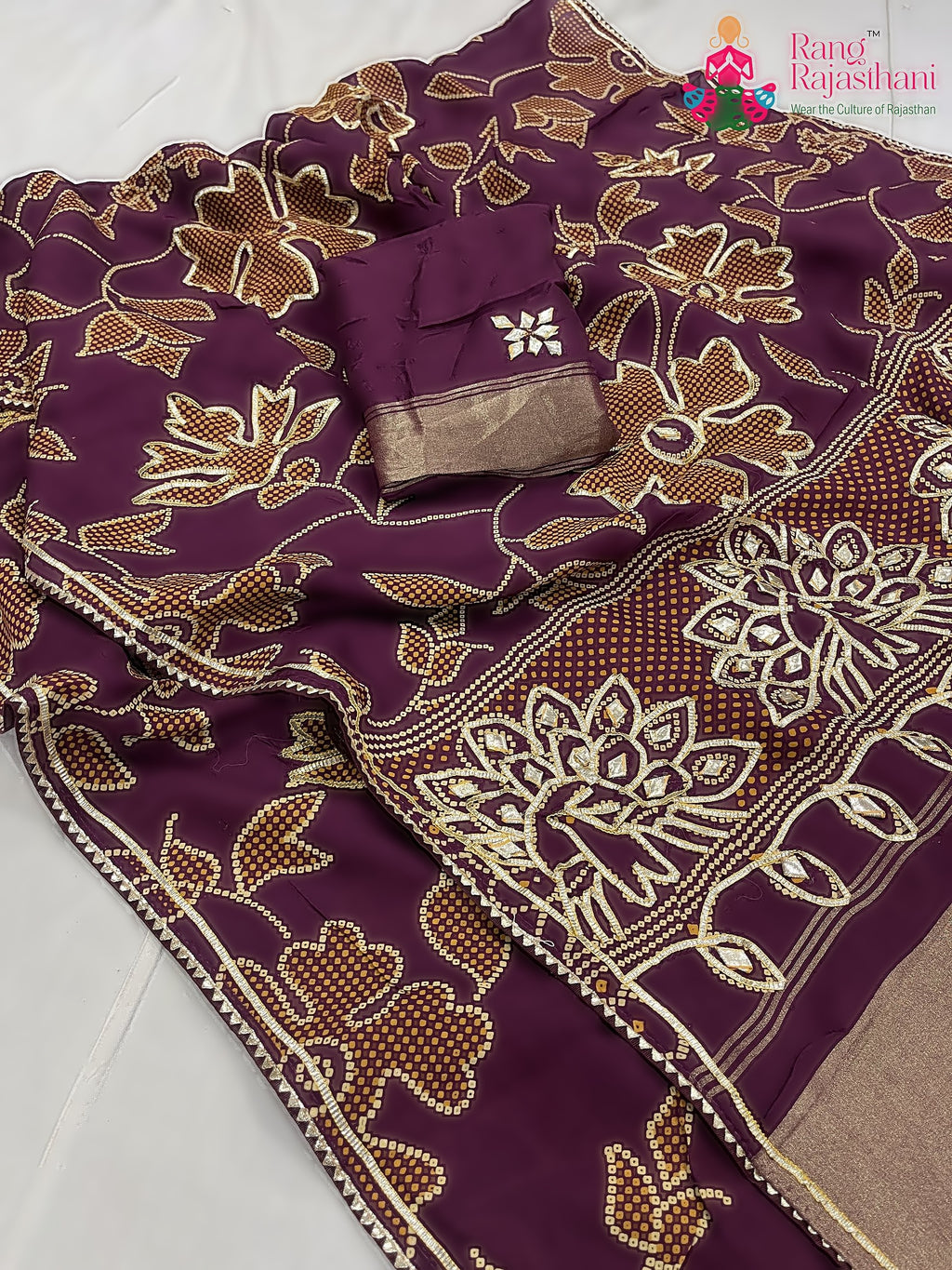 complete look of burgundy pure Russian silk bandhani saree 