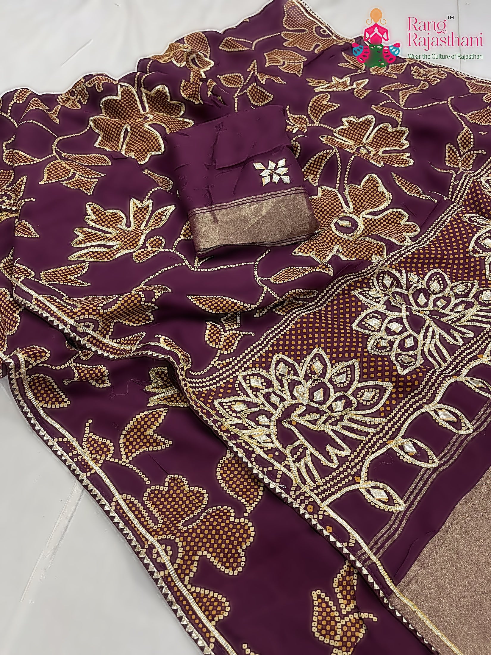 Burgundy Pure Russian Silk Gota Patti Work Saree : Deep Grace