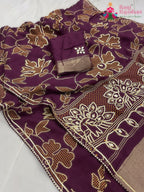 close up detailing of burgundy pure Russian silk bandhani saree 