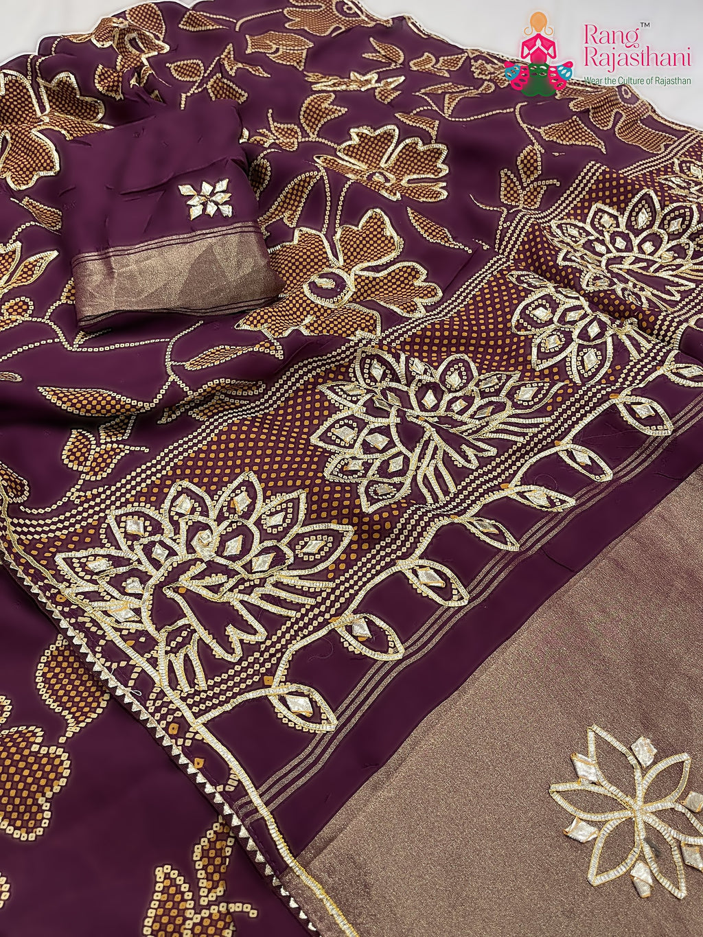 burgundy pure Russian silk bandhani saree for wedding guest wear by Rang Rajasthani