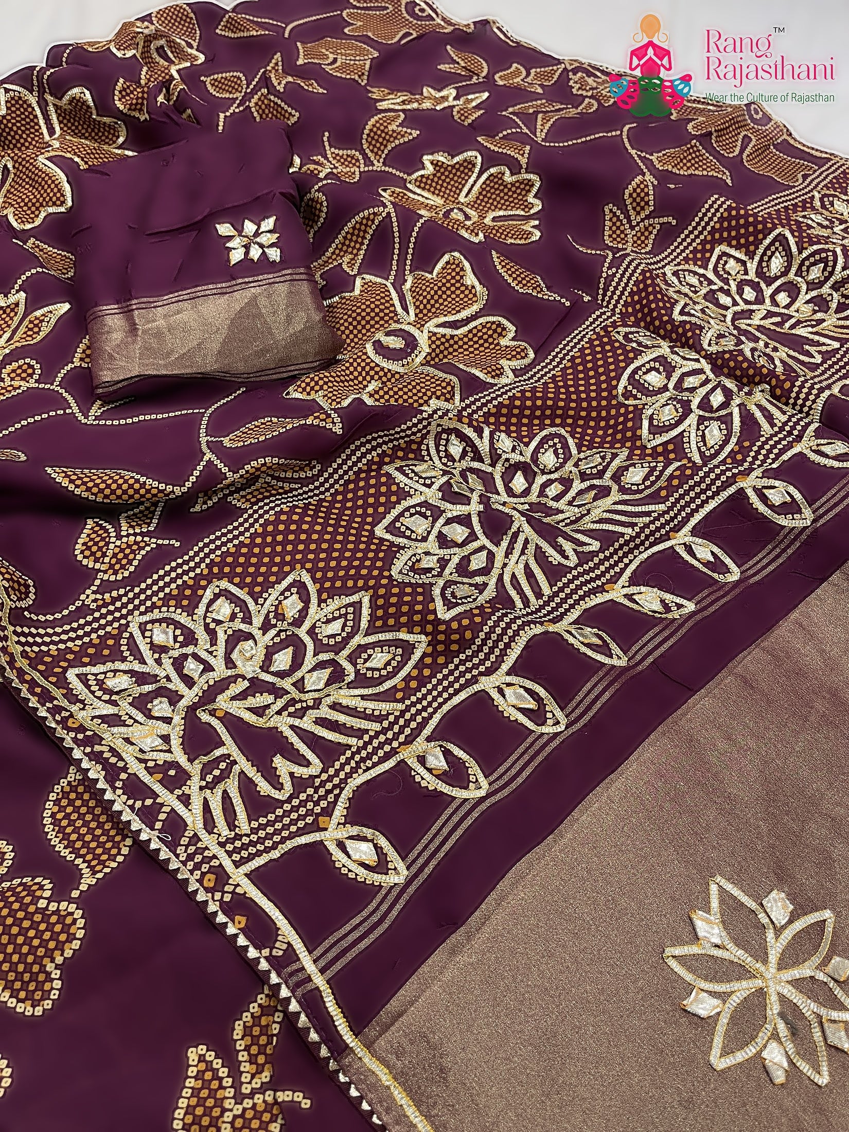 Burgundy Pure Russian Silk Gota Patti Work Saree : Deep Grace