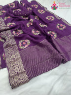 burgundy pure Russian silk resham embroidery saree for wedding guest wear by Rang Rajasthani
