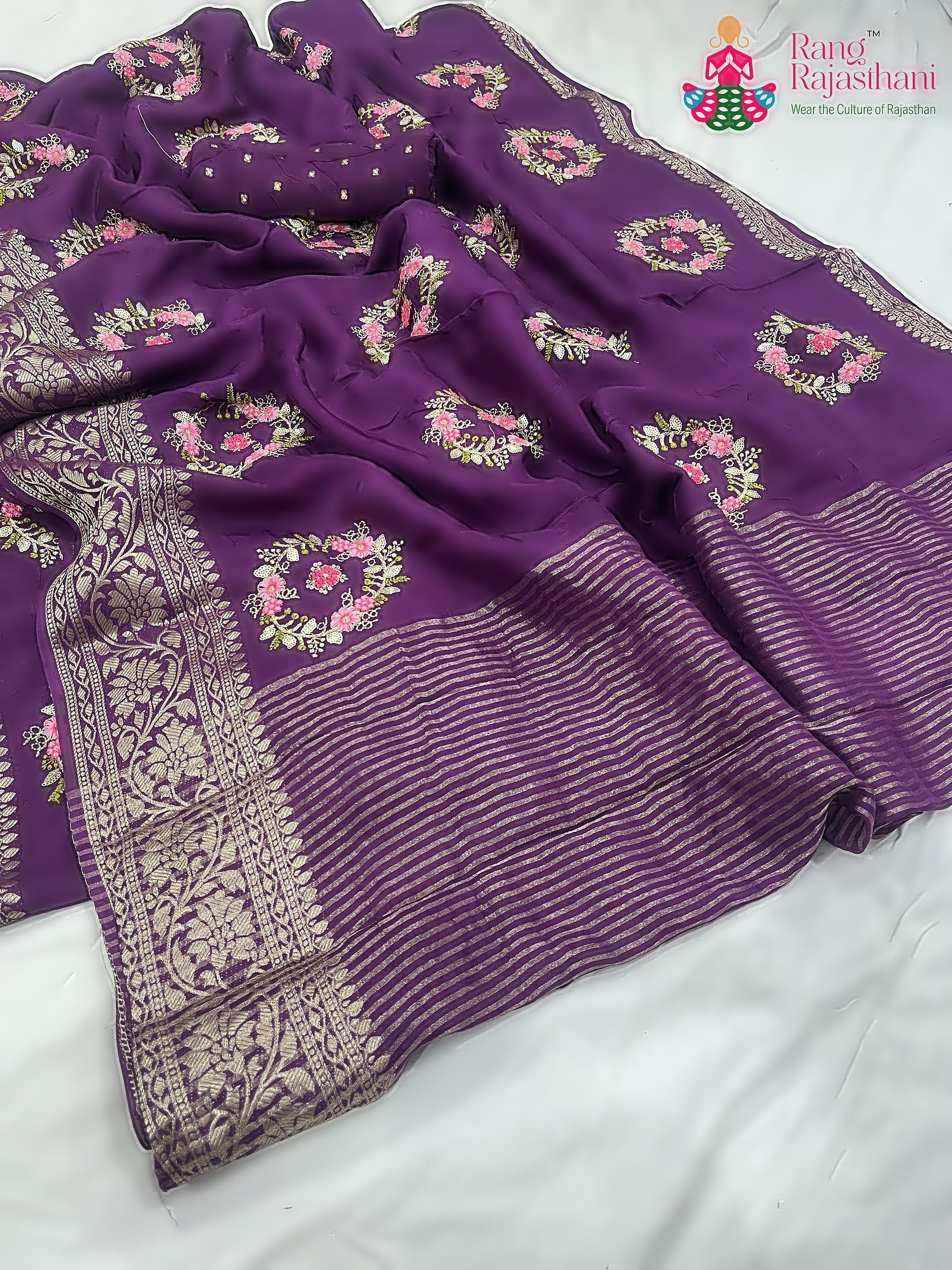 burgundy pure Russian silk resham embroidery saree for wedding guest wear by Rang Rajasthani