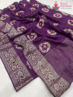 complete look of burgundy pure Russian silk resham embroidery saree 