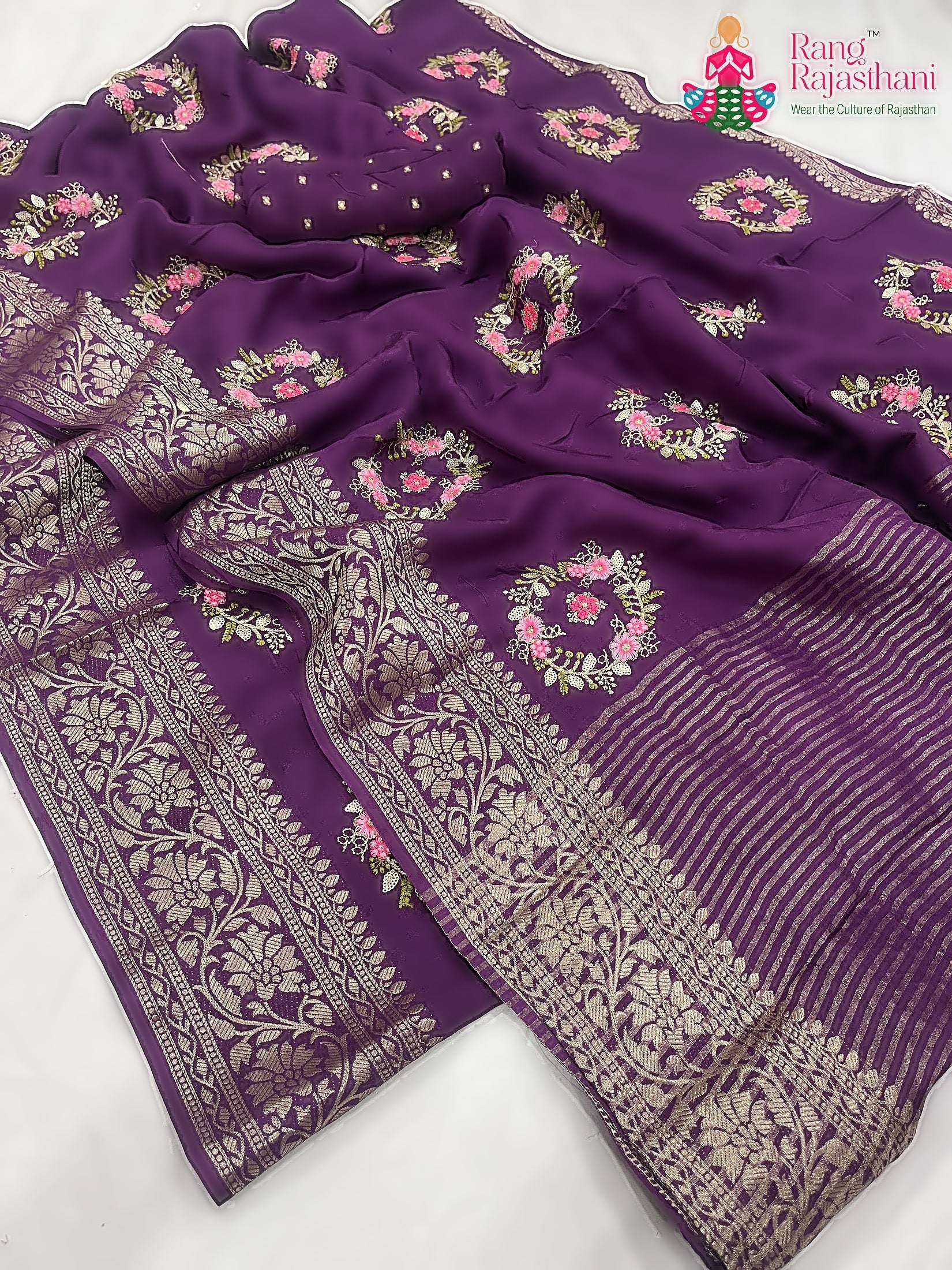 complete look of burgundy pure Russian silk resham embroidery saree 