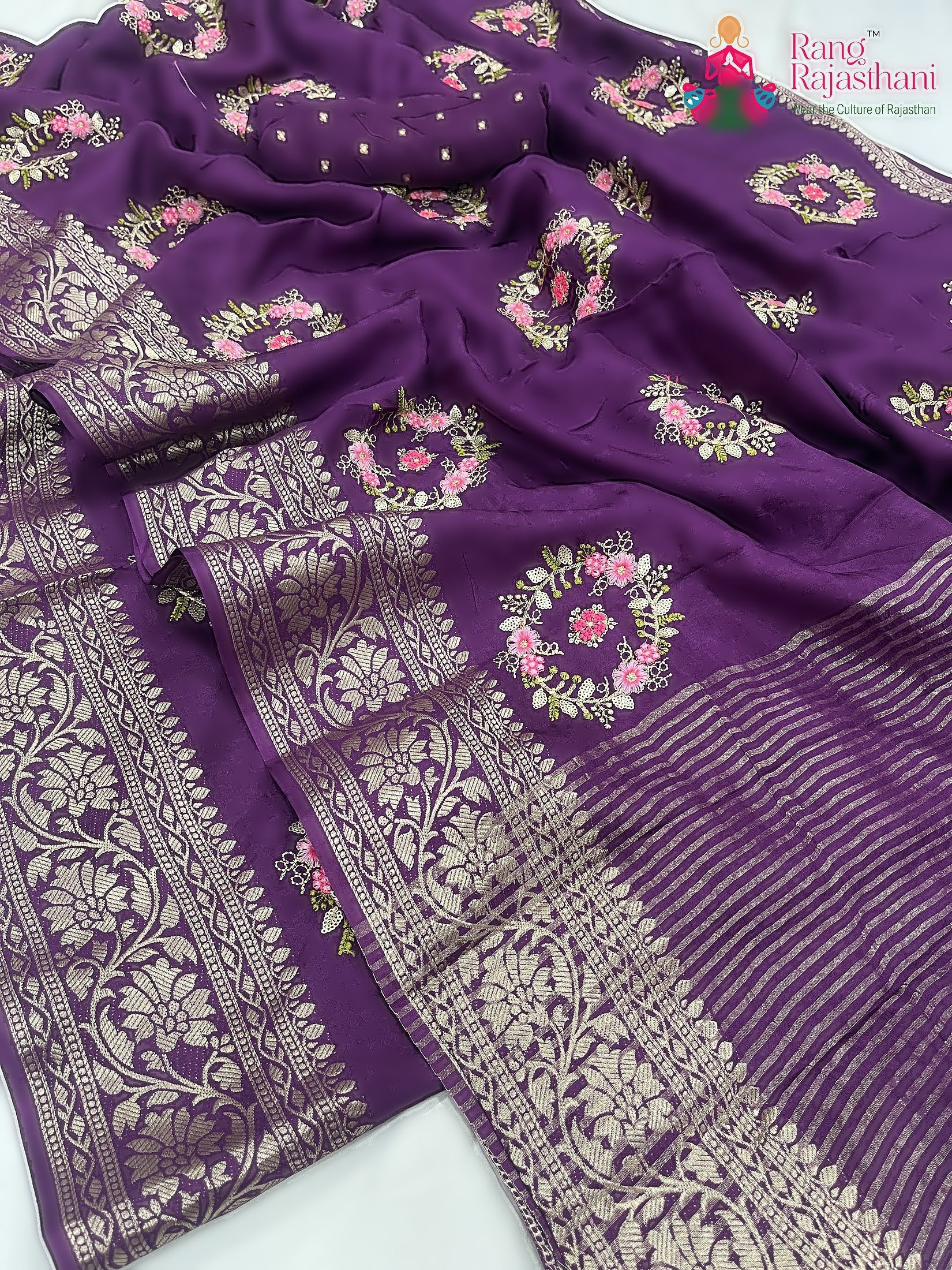 pallu detailing of burgundy pure Russian silk resham embroidery saree 