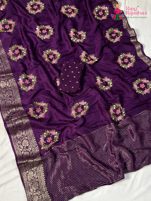 Wine Pure Russian Silk Resham Embroidery Saree for Wedding Guest | Trending Pick