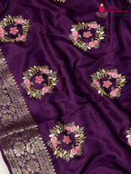 design pattern of burgundy pure russsian silk resham embroidery saree