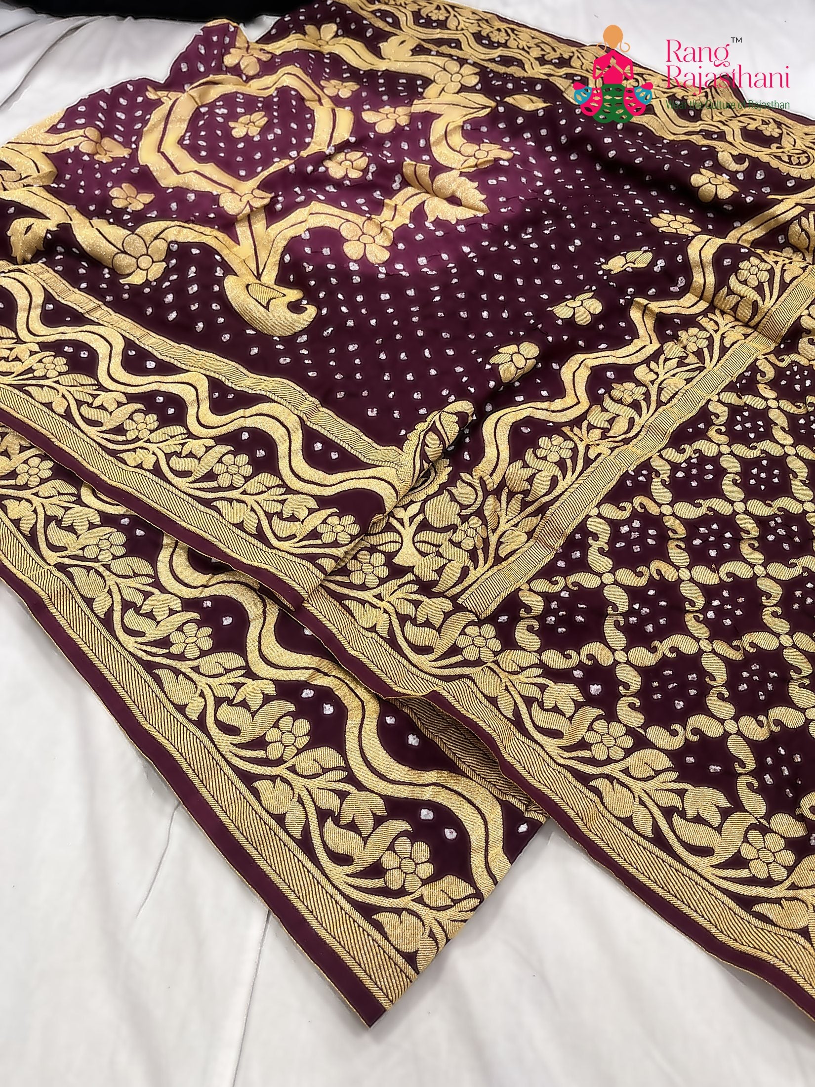burgundy saree for festive celebration by Rang Rajasthani