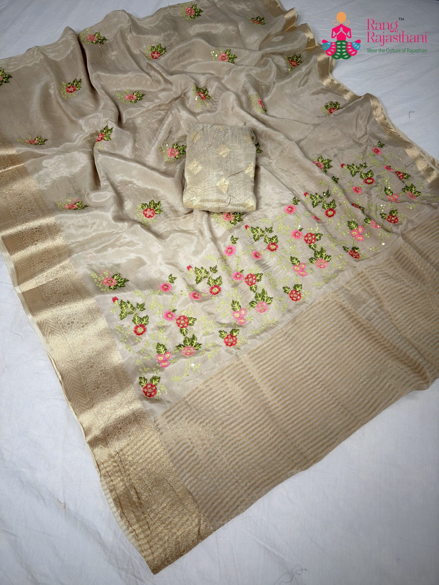 Beige Chinnon Resham Embroidery Saree for Wedding Guest | Editor Pick