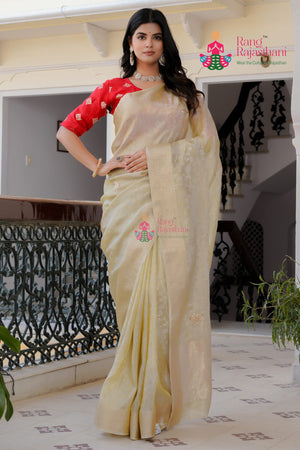 Beige Pure Tissue Silk Jacquard Weave Saree for Wedding Guest | Ethnic Luxe