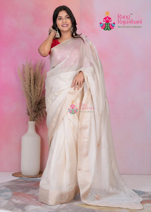 Beige Pure Kora Silk Hand Embellishment Saree for Wedding Guest | Festive Collection