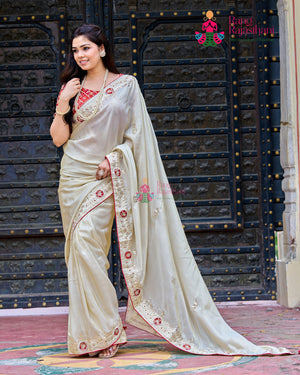Beige Pure Tissue Silk Gota Patti Saree for Wedding Guest | Reception Wear