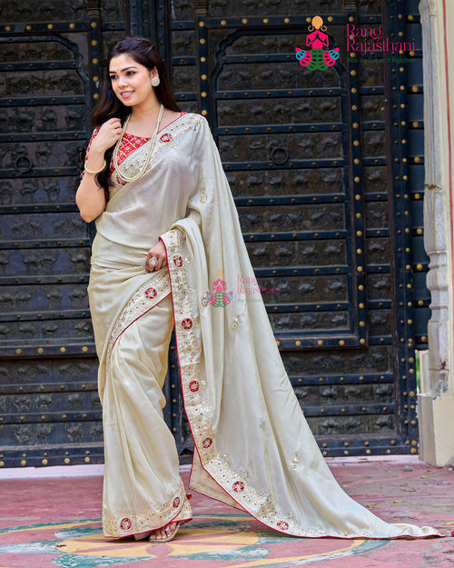 Beige Pure Tissue Silk Wedding saree with Boutique Handwork from Rang Rajasthani