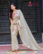 Beige Pure Tissue Silk saree with Boutique Handwork side drape view