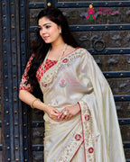 Beige Pure Tissue Silk saree with Boutique Handwork close up detailing