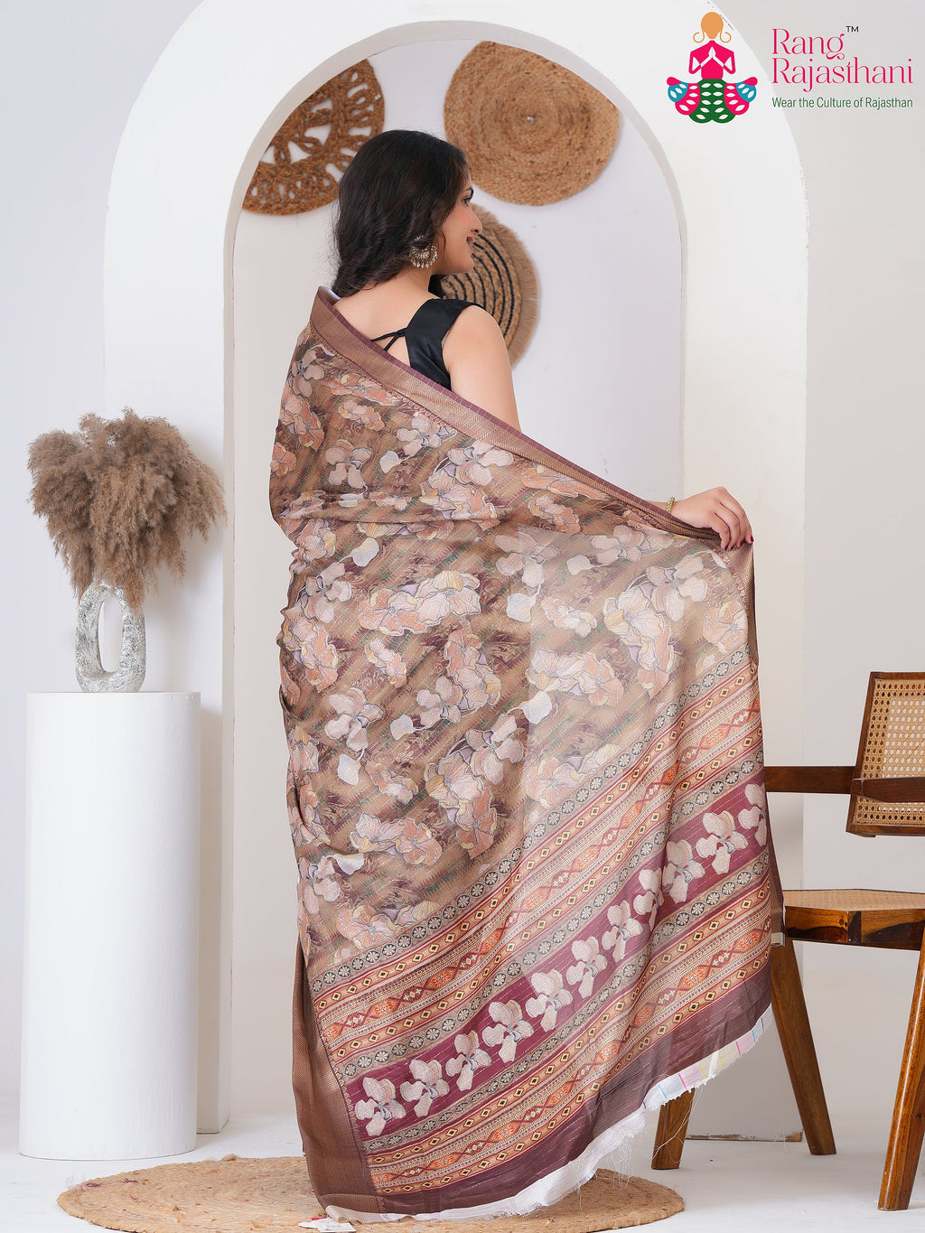 Brown Imported saree with Printed back view