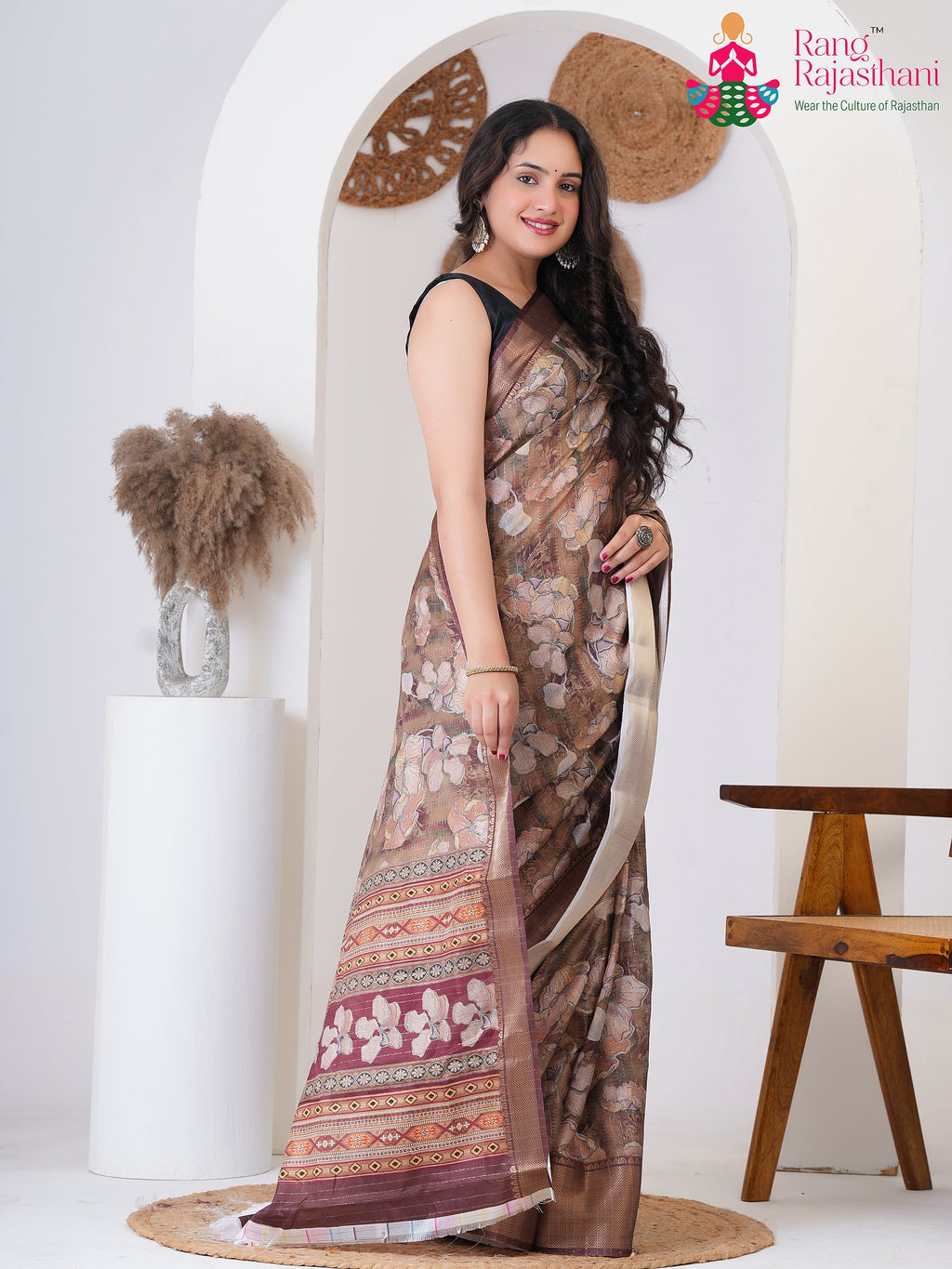 Brown Imported saree with Printed side drape view