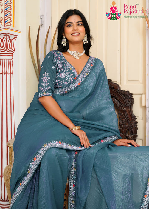 Aqua Synthetic Imperial Zari Saree : Rang-Bharava Look