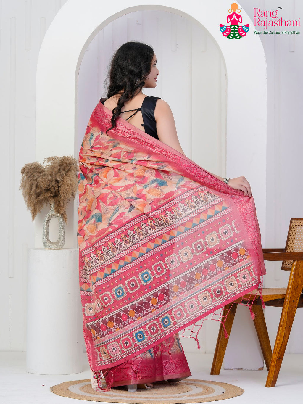 Pink Imported saree with Printed back view