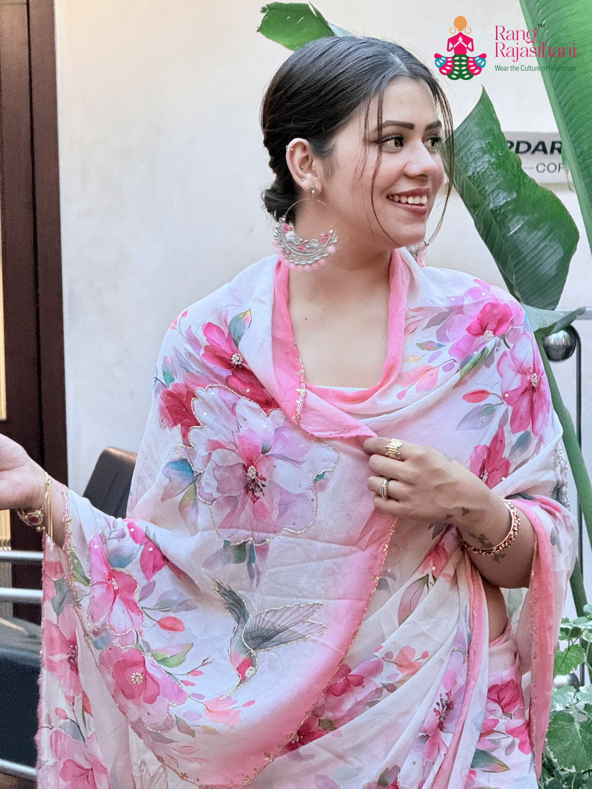 Cream Chinon Hand Embellishment Printed Saree for Raksha Bandhan | Wedding Edit