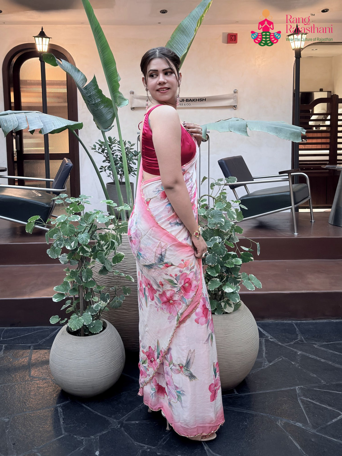 Cream Chinon Hand Embellishment Printed Saree for Raksha Bandhan | Wedding Edit