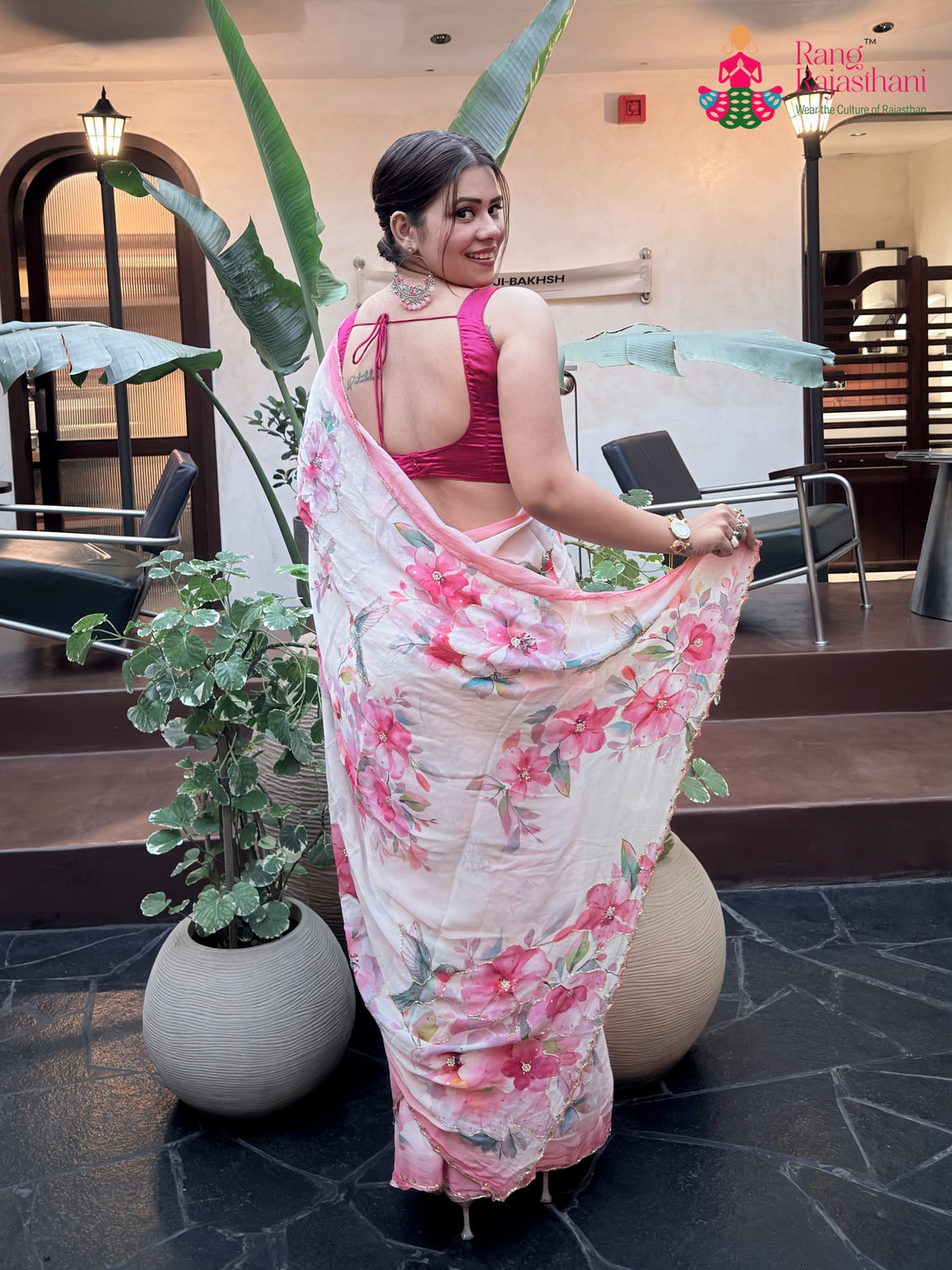 Cream Chinon Hand Embellishment Printed Saree for Raksha Bandhan | Wedding Edit