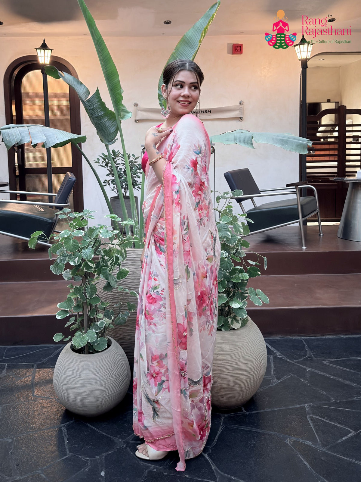 Cream Chinon Hand Embellishment Printed Saree for Raksha Bandhan | Wedding Edit