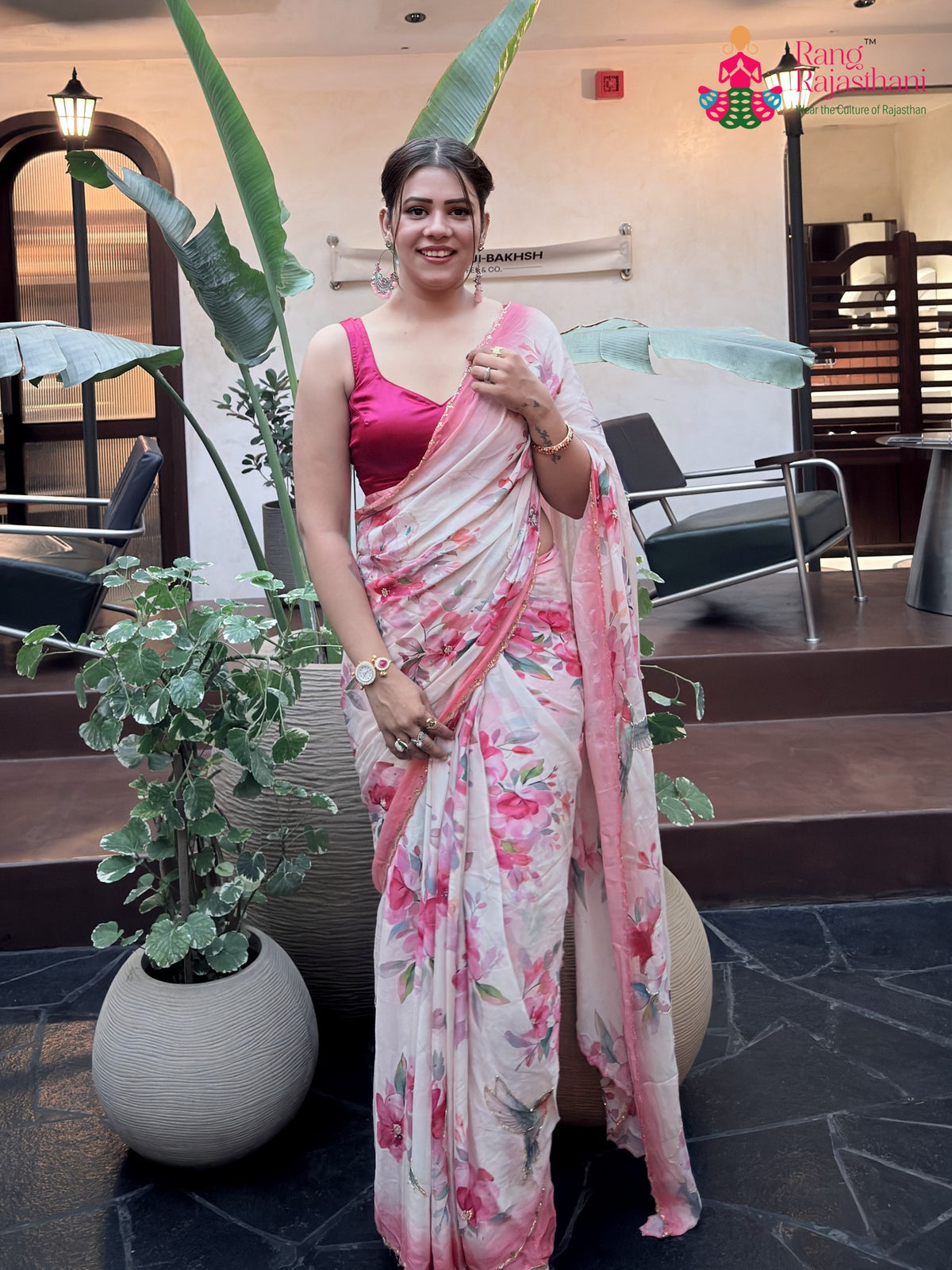 Cream Chinon Hand Embellishment Printed Saree for Raksha Bandhan | Wedding Edit