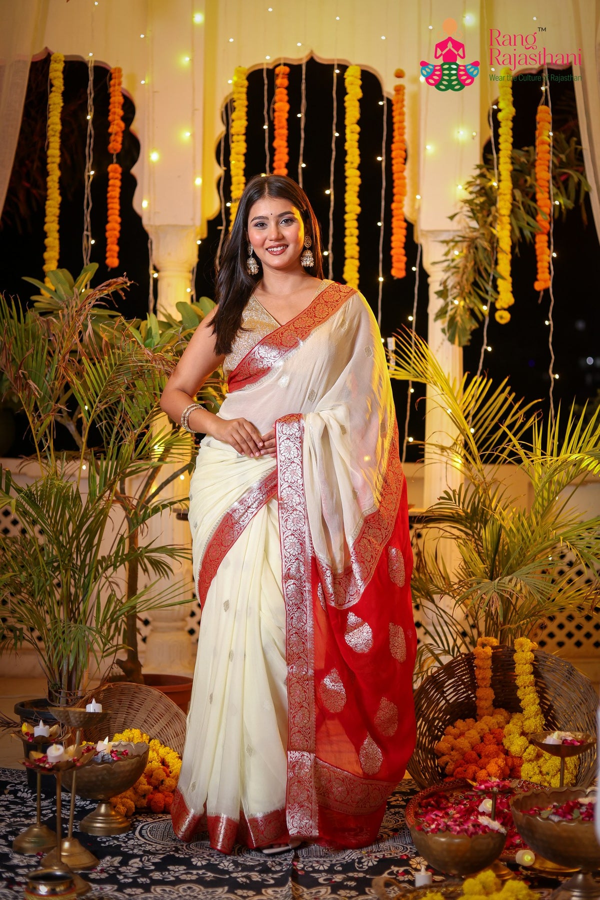 Cream Pure Chiffon Banarasi Zari Weave Faag Saree for Haldi Ceremony | Wedding Pick