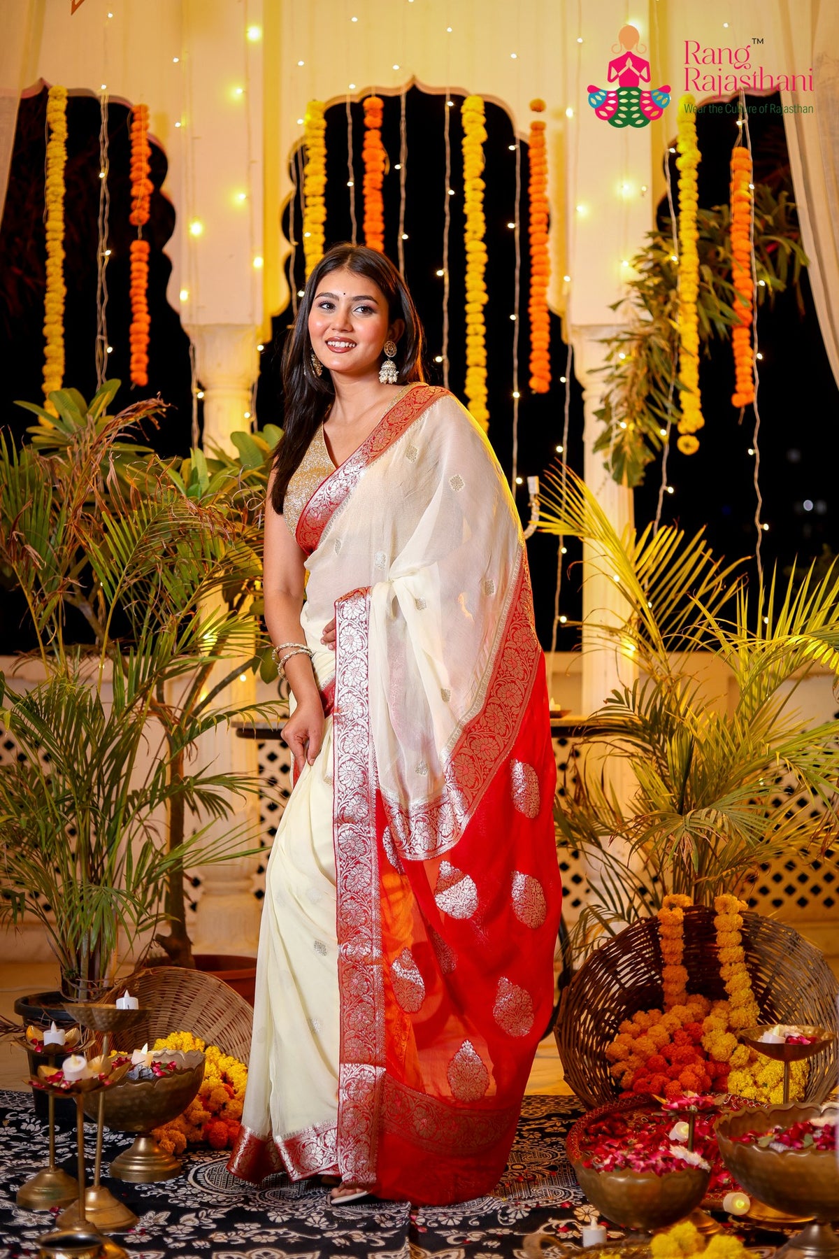 Cream Pure Chiffon Banarasi Zari Weave Faag Saree for Haldi Ceremony | Wedding Pick