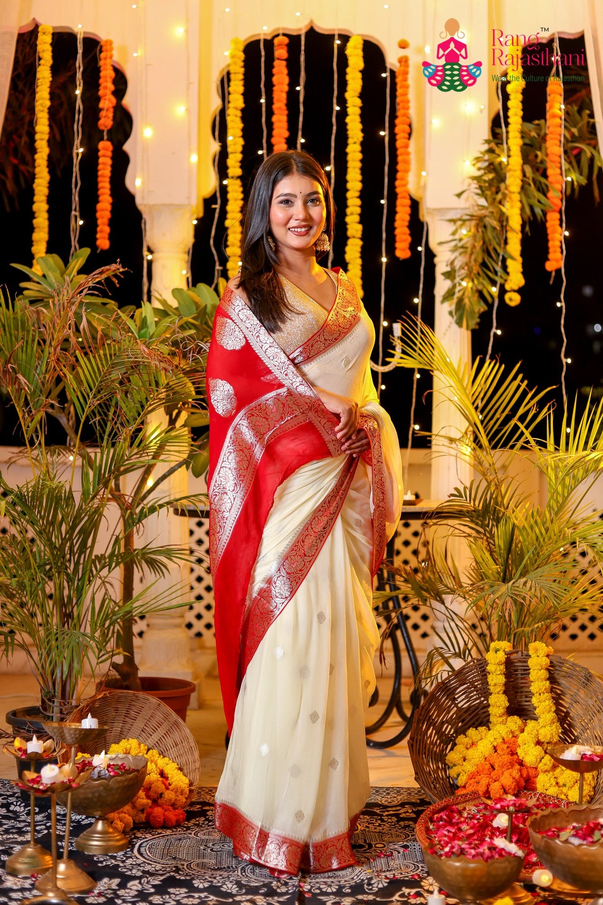 Cream Pure Chiffon Banarasi Zari Weave Faag Saree for Haldi Ceremony | Wedding Pick